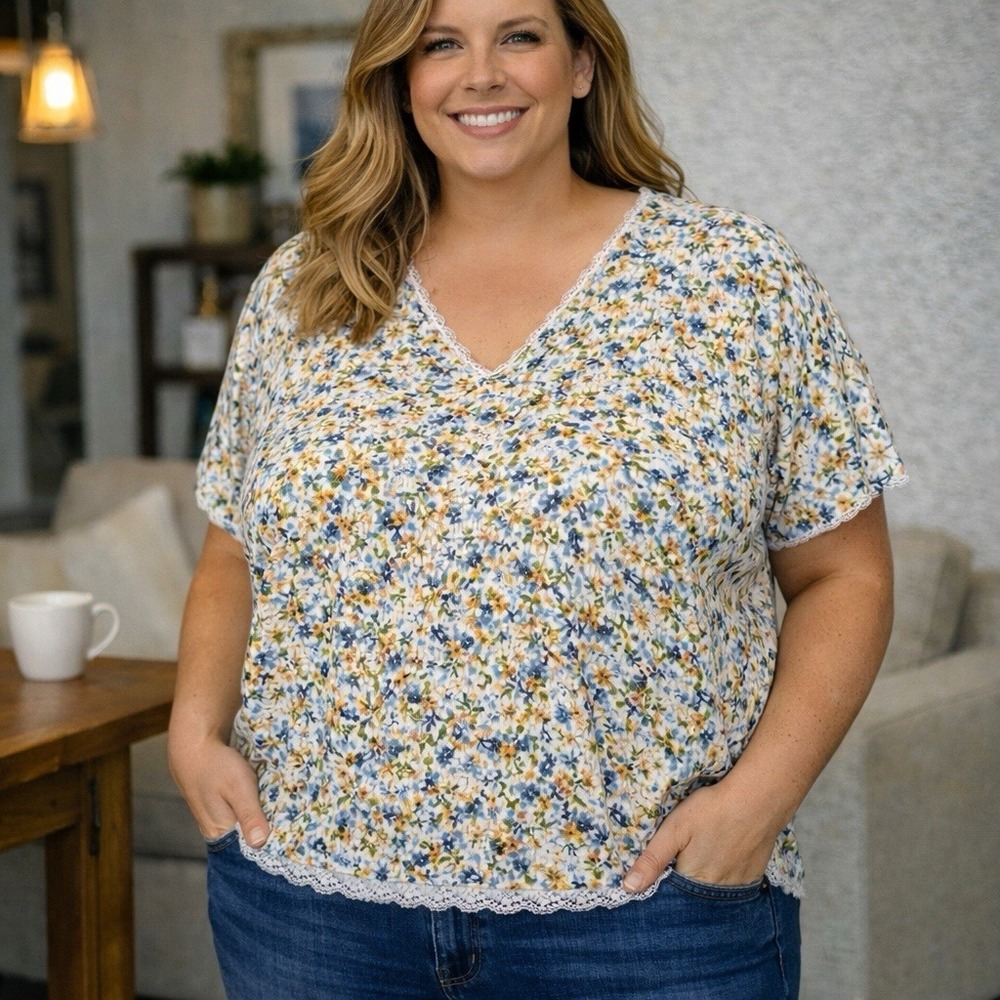 Torrid Super Soft Crop Shirt Women 4X 26 Green Floral Lace Trim Rib Knit Prairie